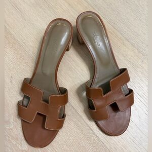 Hermes Cognac Brown Oran Leather Slide Mules